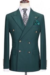 Sophisticated Dark Green Peak Lapel Double Breasted Prom Suit