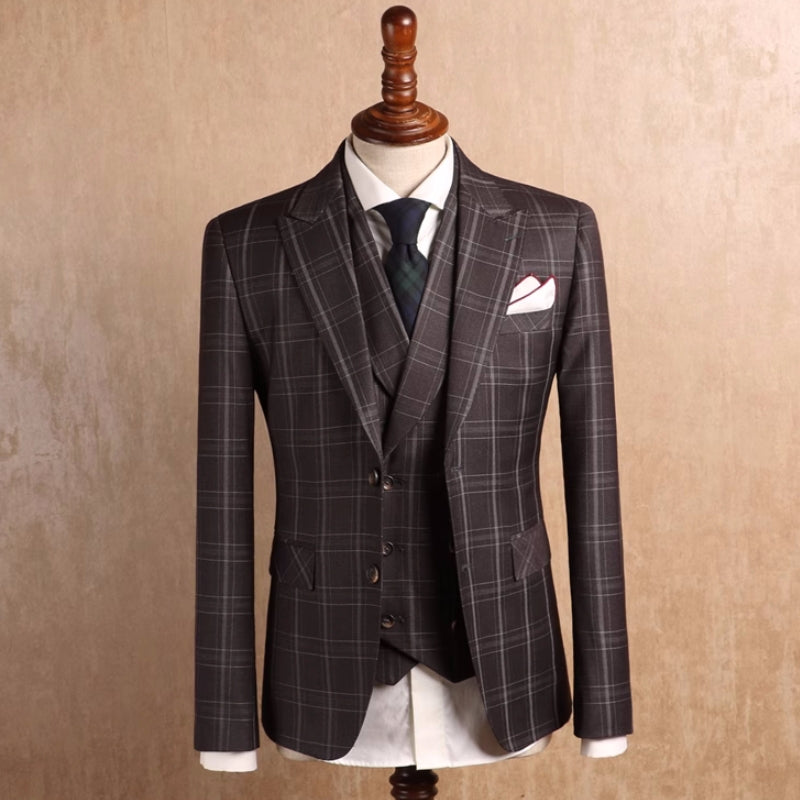 Sophisticated Mocha Peaked Lapel Three-Piece Plaid Prom Attire