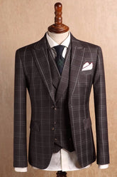 Sophisticated Mocha Peaked Lapel Three-Piece Plaid Prom Attire
