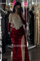 Sophisticated White Sleeveless Strapless Beaded Split Formal Dress With Gloves