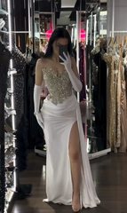 Sophisticated White Sleeveless Strapless Beaded Split Formal Dress With Gloves