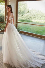 Spaghetti Strap Deep V-Neck 3D Floral Applique Sheer Corset Tulle A-Line High Split Wedding Dress Cathedral Train
