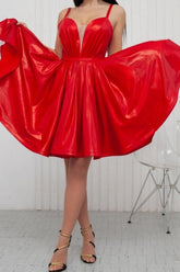 Spaghetti Strap Deep V-Neck Corset Bodice Satin Flared A-Line Mini Cocktail Dress