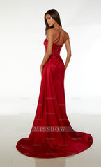 Spaghetti Strap Formal Dress Open Back Long Straight With High Slit