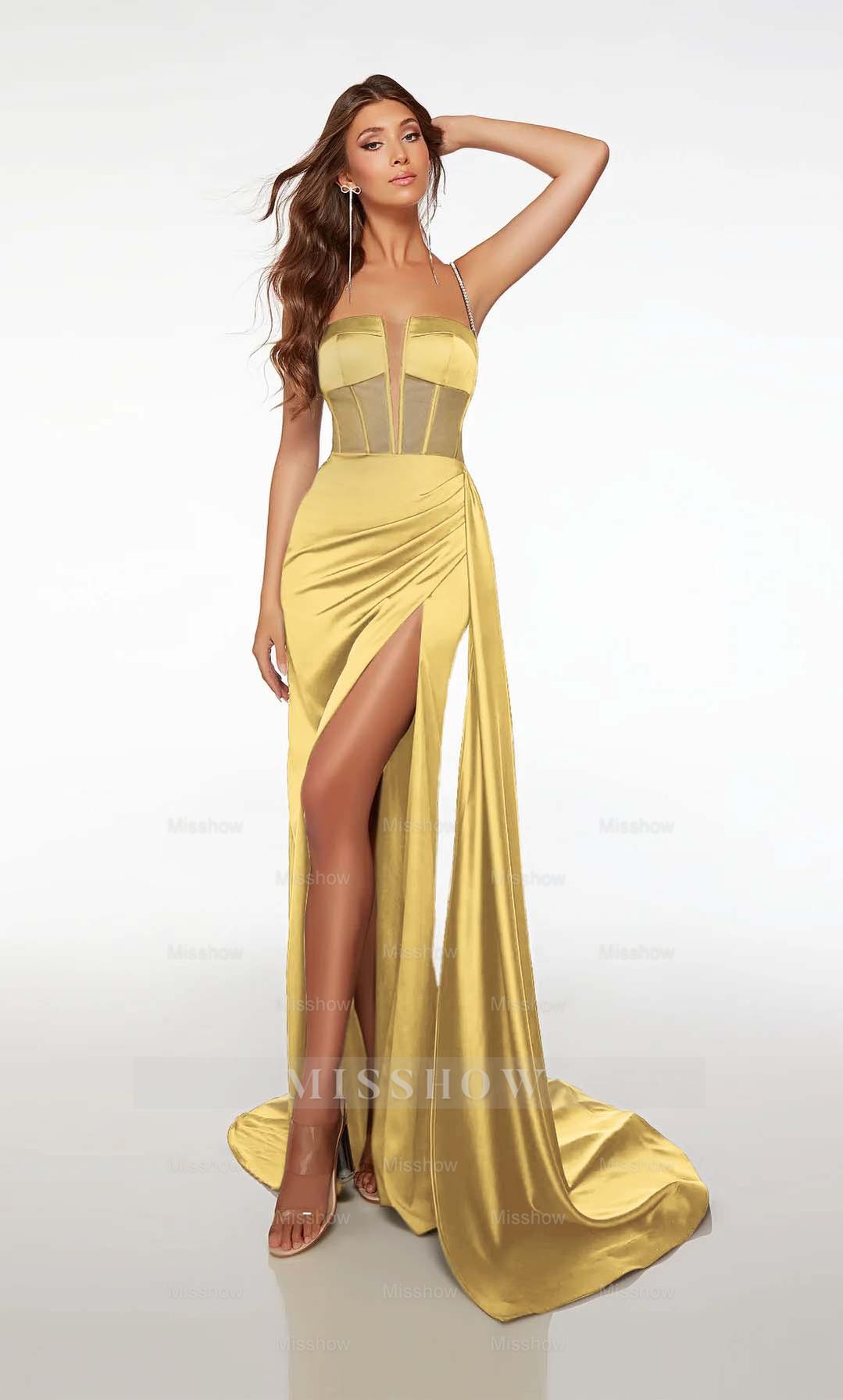 Spaghetti Strap Formal Dress Open Back Long Straight With High Slit