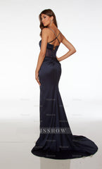 Spaghetti Strap Formal Dress Open Back Long Straight With High Slit