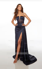 Spaghetti Strap Formal Dress Open Back Long Straight With High Slit