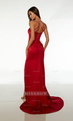 Spaghetti Strap Formal Dress Open Back Long Straight With High Slit
