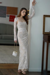 Spaghetti Strap Long Mermaid Formal Dress With Lace Appliques Pleated
