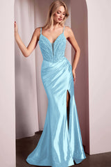 Spaghetti Strap Long Mermaid Formal Dress With Split Beading Pleated