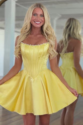 Spaghetti Strap Pearl Trim Corset Homecoming Dress Satin A-line Mini Skirt