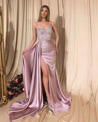 Spaghetti Strap Satin Side Split Pink Mermaid Prom Evening Dresses with Detachable Skirt