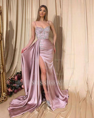 Spaghetti Strap Satin Side Split Pink Mermaid Prom Evening Dresses with Detachable Skirt