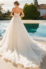 Spaghetti Strap Scoop Neck Dense Pearl Upper Corset Crystal Chain Fringe Drop Waist Feather Hem Tulle A-Line Wedding Dress Chapel Train