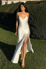 Spaghetti Strap Sleeveless Backless V Neck Long Formal Dress With Split