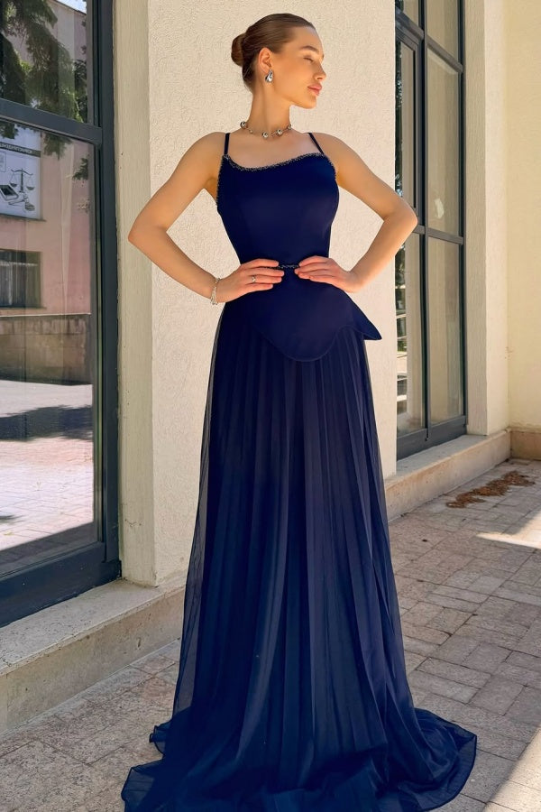 Spaghetti Strap Sleeveless Long Formal Dress With Pleated Sequins