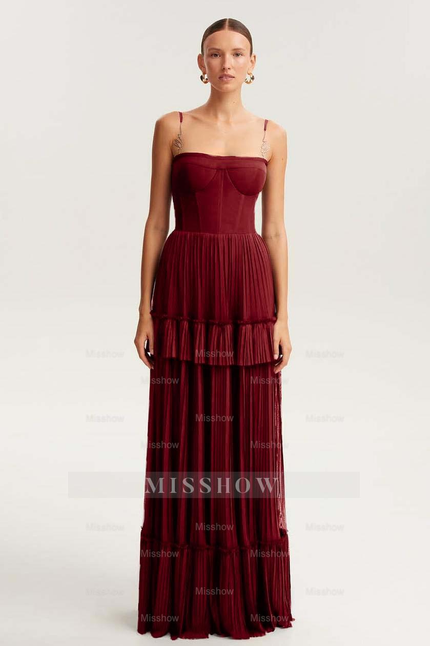 Spaghetti Strap Sleeveless Long Formal Dress With Ruffles