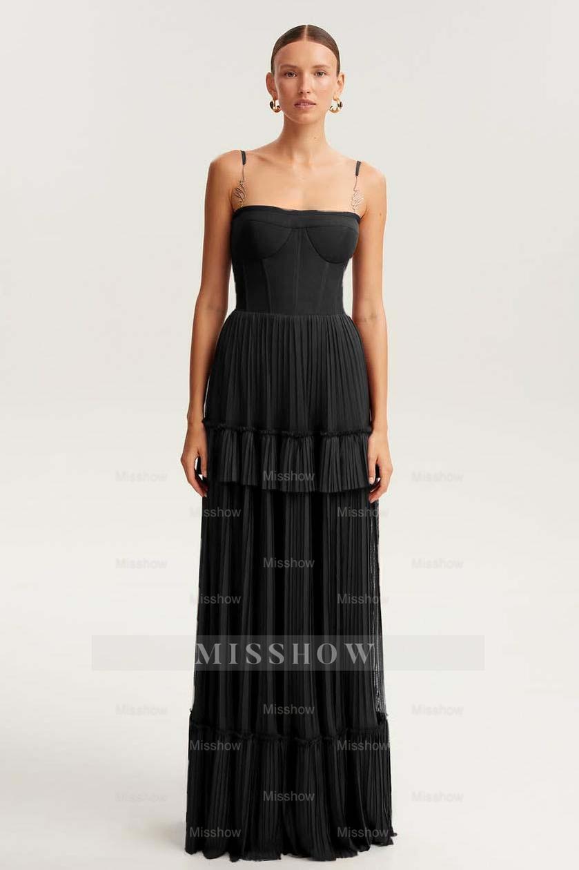 Spaghetti Strap Sleeveless Long Formal Dress With Ruffles