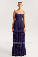 Spaghetti Strap Sleeveless Long Formal Dress With Ruffles