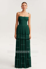 Spaghetti Strap Sleeveless Long Formal Dress With Ruffles