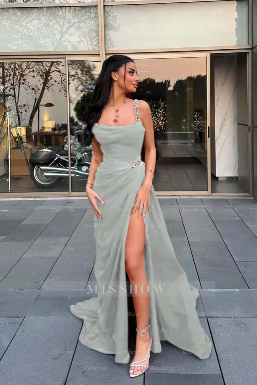 Spaghetti Strap Sleeveless Long Formal Dress With Split Beading