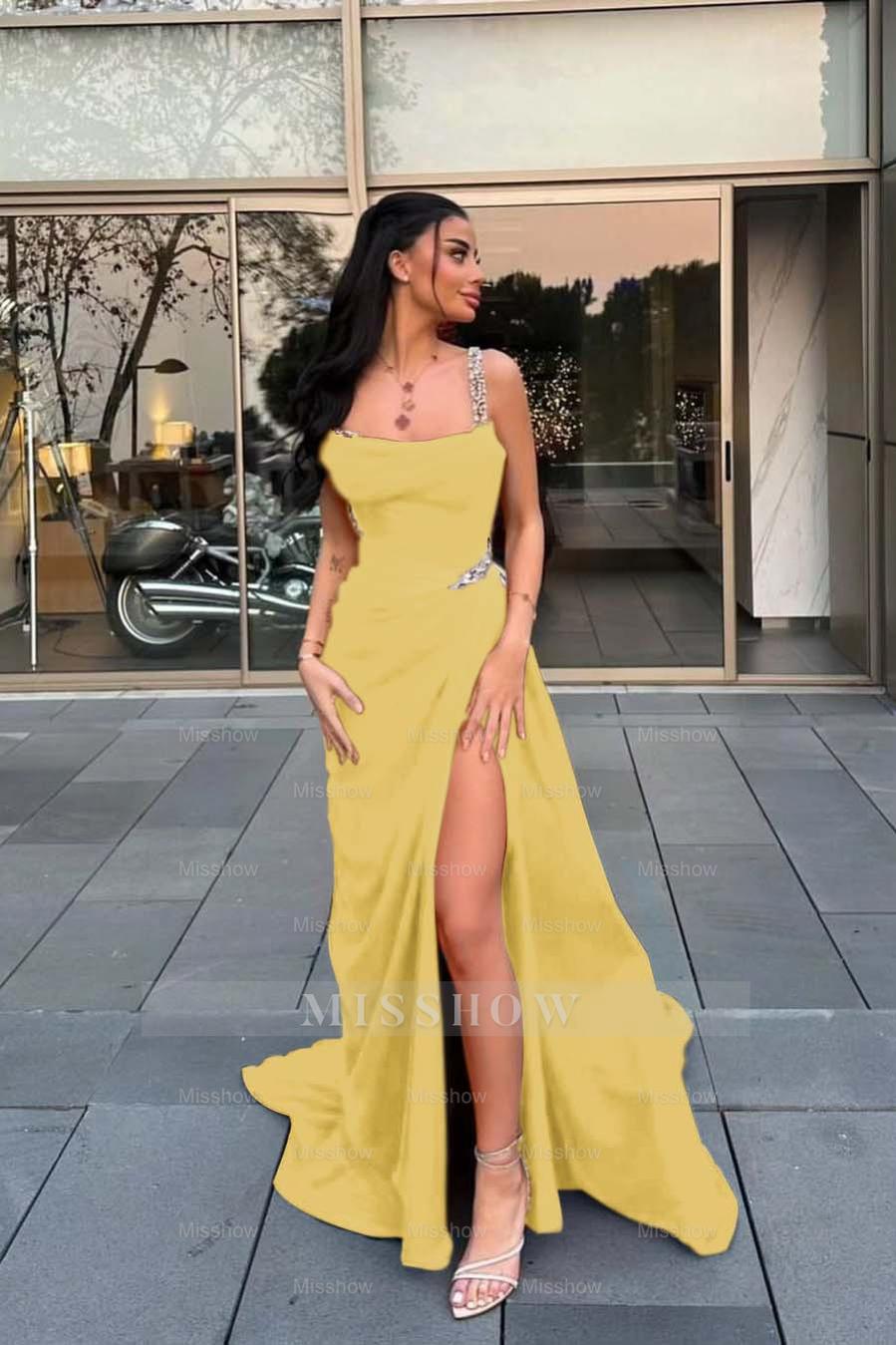 Spaghetti Strap Sleeveless Long Formal Dress With Split Beading