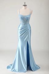 Spaghetti Strap Sleeveless Long High Split Formal Dress With Appliques