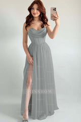 Spaghetti Strap Sleeveless Long High Split Formal Dress With Pleated