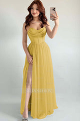 Spaghetti Strap Sleeveless Long High Split Formal Dress With Pleated