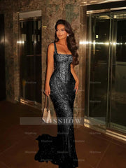 Spaghetti Strap Sleeveless Long Mermaid Formal Dress With Beading