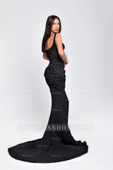 Spaghetti Strap Sleeveless Long Mermaid Formal Dress With Lace Embroidery