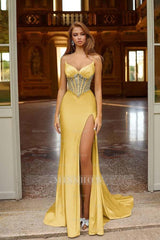Spaghetti Strap Sleeveless Long Split Formal Dress With Beading
