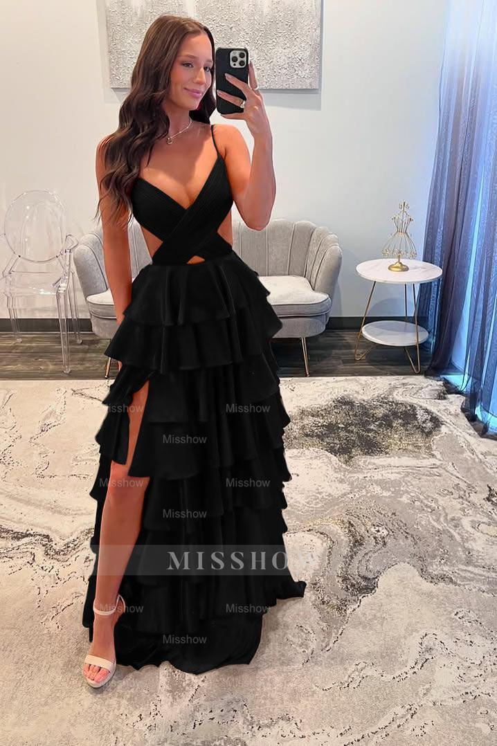 Spaghetti Strap Sleeveless Long Split Formal Dress With Ruffles