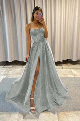 Spaghetti Strap Sleeveless Long Split Formal Dress With Sequins