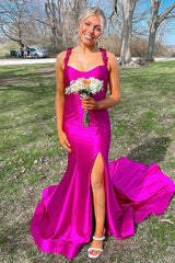Spaghetti Strap Sleeveless Satin Mermaid Prom Dress Backless Side Slit Floor Length
