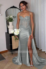 Spaghetti Strap Sleeveless Split Long Mermaid Formal Dress With Appliques