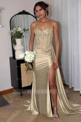 Spaghetti Strap Sleeveless Split Long Mermaid Formal Dress With Appliques