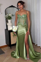 Spaghetti Strap Sleeveless Split Long Mermaid Formal Dress With Appliques