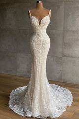 Spaghetti Strap Sweetheart Centre V Notch All-Over 3D Baroque Floral Vine Lace Pearl Bead Fitted Mermaid Wedding Dress Chapel Train Scalloped Lace Hem