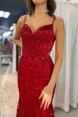 Spaghetti Strap Sweetheart V-Notch 3D Floral Sequin Lace Applique Side Cut-Out Lace-Up Back Mermaid Prom Dress Sweep Train Floor Length