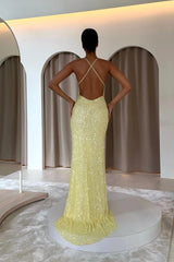 Spaghetti Strap V-Neck All-Over Crystal Sequin Beaded Criss-Cross Open Back Mermaid Evening Dress Sweep Train