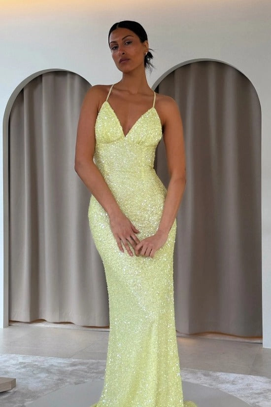 Spaghetti Strap V-Neck All-Over Crystal Sequin Beaded Criss-Cross Open Back Mermaid Evening Dress Sweep Train