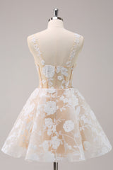 Spaghetti Straps 3D Floral Lace Appliques Illusion Boned Corset Tulle A-Line Short Homecoming Dress