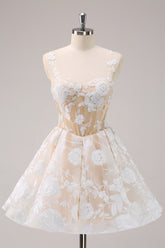 Champagne illusion applique A-line homecoming dress