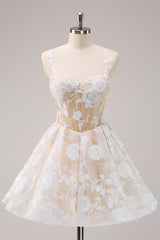 Spaghetti Straps 3D Floral Lace Appliques Illusion Boned Corset Tulle A-Line Short Homecoming Dress