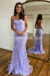 Spaghetti Straps Lilac Lace Long Evening Dress with Flower Appliques
