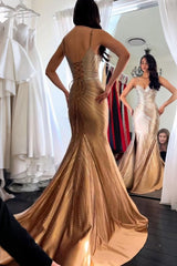 Spaghetti Straps V-Neck All-Over Rhinestone Beading Satin Mermaid Prom Dress Lace-Up Back Side Slit Sweep Train