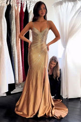 Spaghetti Straps V-Neck All-Over Rhinestone Beading Satin Mermaid Prom Dress Lace-Up Back Side Slit Sweep Train