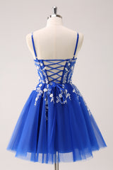 Spaghetti Straps V-Neck Floral Lace Appliques Sequin Illusion Boned Corset Tulle Lace-Up Back A-Line Homecoming Dress Mini