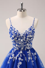Spaghetti Straps V-Neck Floral Lace Appliques Sequin Illusion Boned Corset Tulle Lace-Up Back A-Line Homecoming Dress Mini